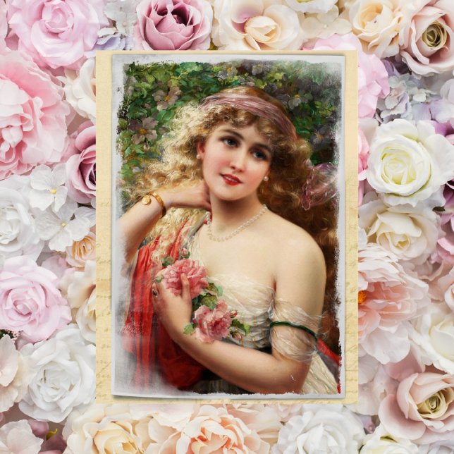 Victorian Woman with Pink Roses Postcard