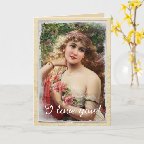 Victorian Woman with Pink Roses Romantic Card