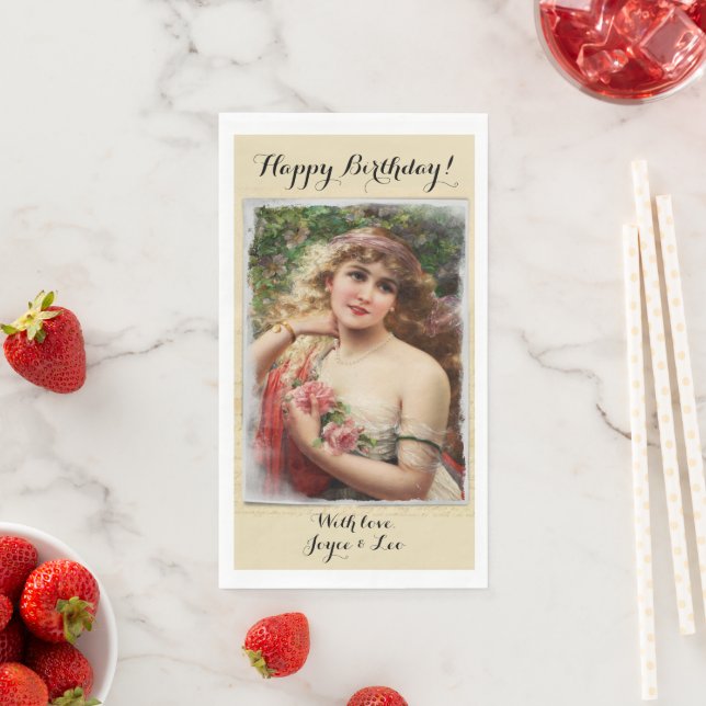 Victorian Woman with Pink Roses Romantic Paper Guest Towels (Insitu)