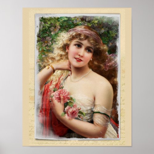 Victorian Woman with Pink Roses Romantic Poster