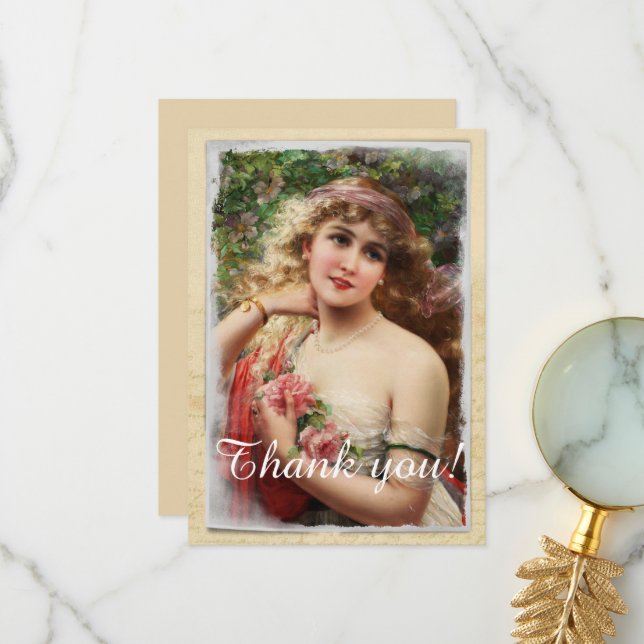 Victorian Woman with Pink Roses Romantic Thank You Card (Front/Back In Situ)