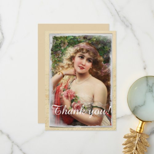 Victorian Woman with Pink Roses Romantic Thank You Card