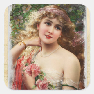 Victorian Woman with Pink Roses Stickers