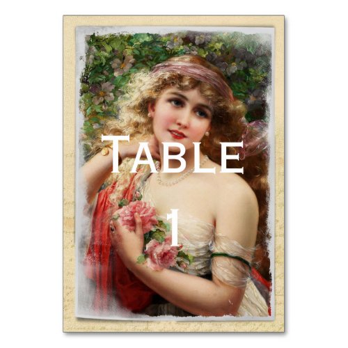 Victorian Woman with Pink Roses Table Number
