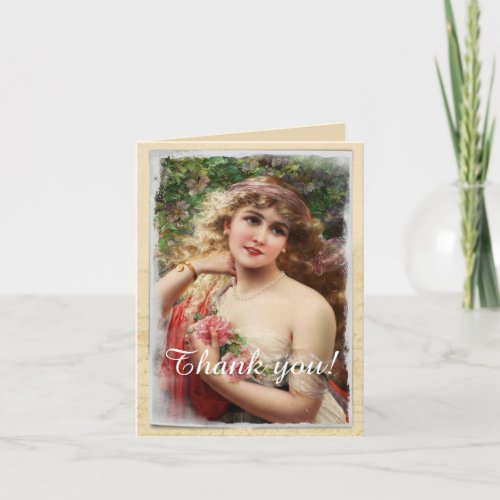 Victorian Woman with Pink Roses Thank You Card