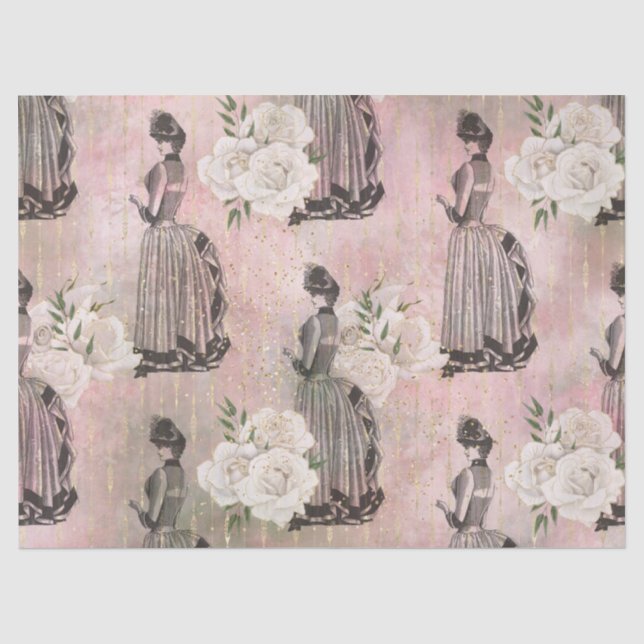 Victorian Women and Roses on Pink Decoupage Tissue Paper (Front)