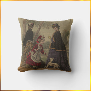 Victorian Women Girl & Dog On A Stroll Throw Pillow