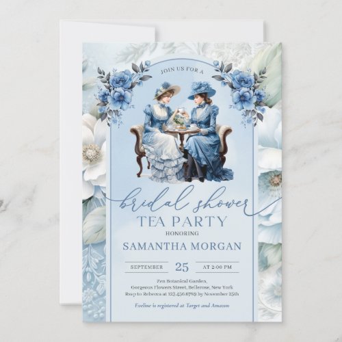 Victorian women navy and sage tea party Bridal Invitation