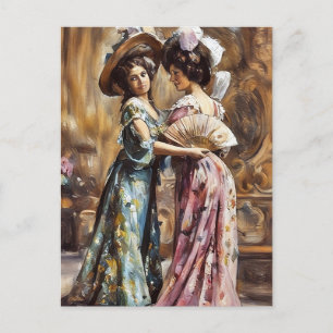 Victorian women wearing hats fans art painting postcard