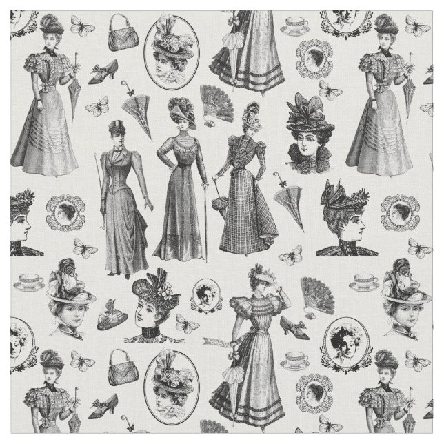 victorian women's style antique butterfly toile fabric (Close Up)