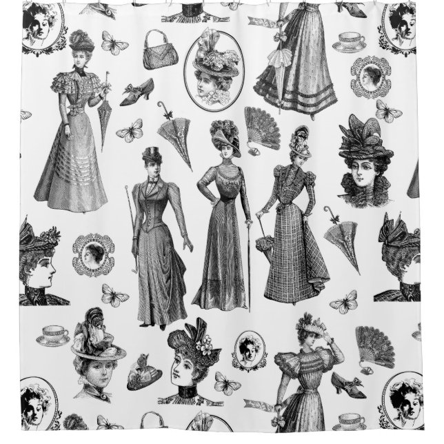 victorian women's style antique butterfly toile shower curtain (Front)