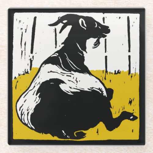 Victorian Woodcut Farm Animal Goats Glass Coaster