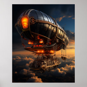 Victorian Zeppelin Sunset: Steampunk Fantasy Art Poster