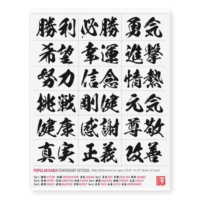 Victory and Resolve Kanji Collection Temporary Tattoos (Front)