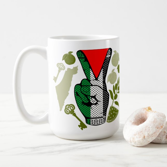 Victory Sign Hand Resistance Red Triangle Symbol Coffee Mug (With Donut)