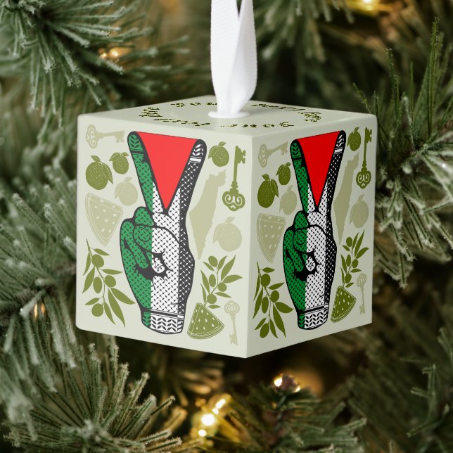 Victory Sign Hand Resistance Red Triangle Symbol Cube Ornament (Tree)