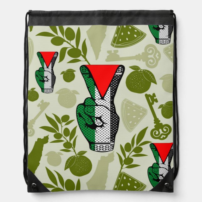 Victory Sign Hand Resistance Red Triangle Symbol Drawstring Bag (Front)