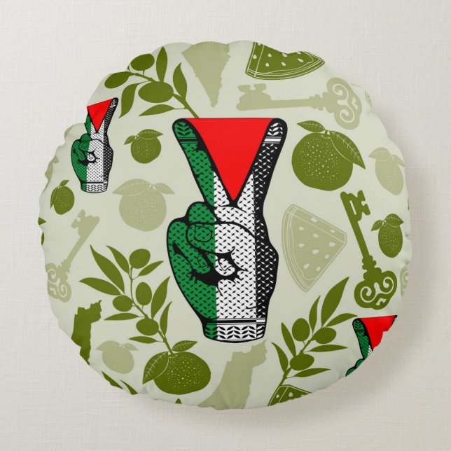 Victory Sign Hand Resistance Red Triangle Symbol Round Pillow (Front)