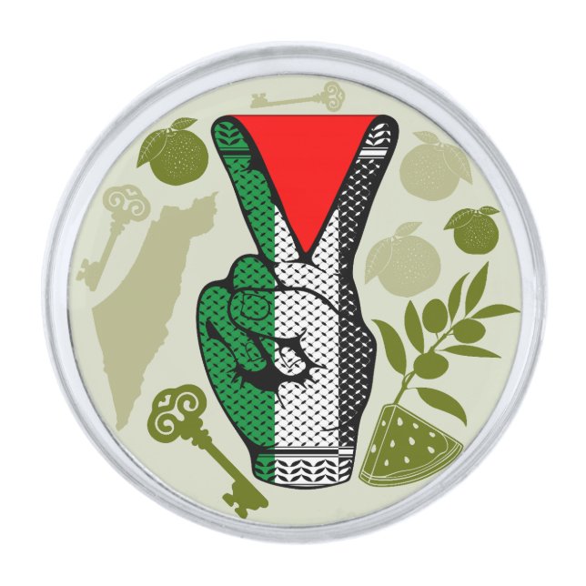 Victory Sign Hand Resistance Red Triangle Symbol Silver Finish Lapel Pin (Front)