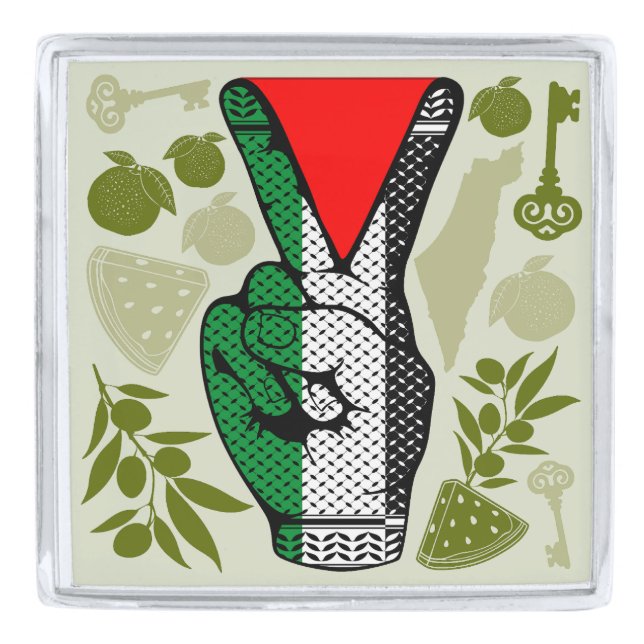 Victory Sign Hand Resistance Red Triangle Symbol Silver Finish Lapel Pin (Front)