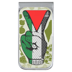 Victory Sign Hand Resistance Red Triangle Symbol Silver Finish Money Clip