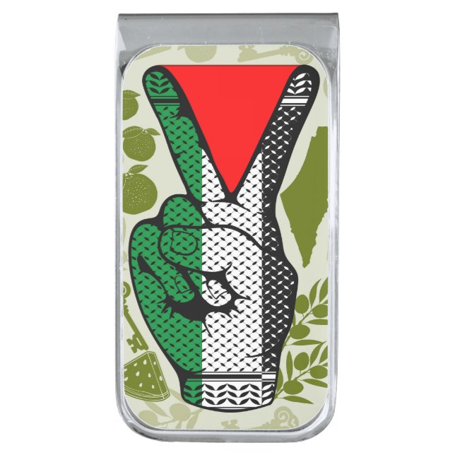 Victory Sign Hand Resistance Red Triangle Symbol Silver Finish Money Clip (Front Vertical)