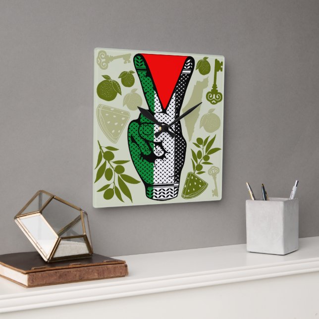 Victory Sign Hand Resistance Red Triangle Symbol Square Wall Clock (Office)