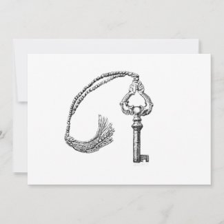 Invitation card with a pen and ink drawing of an antique victrola key