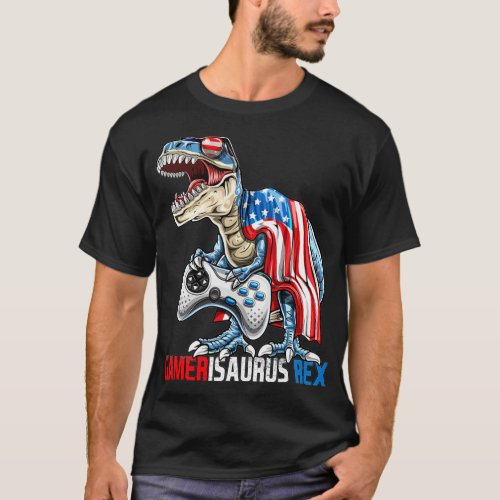 Video Game 4th of July T Rex Dinosaur Amerisaurus  T_Shirt