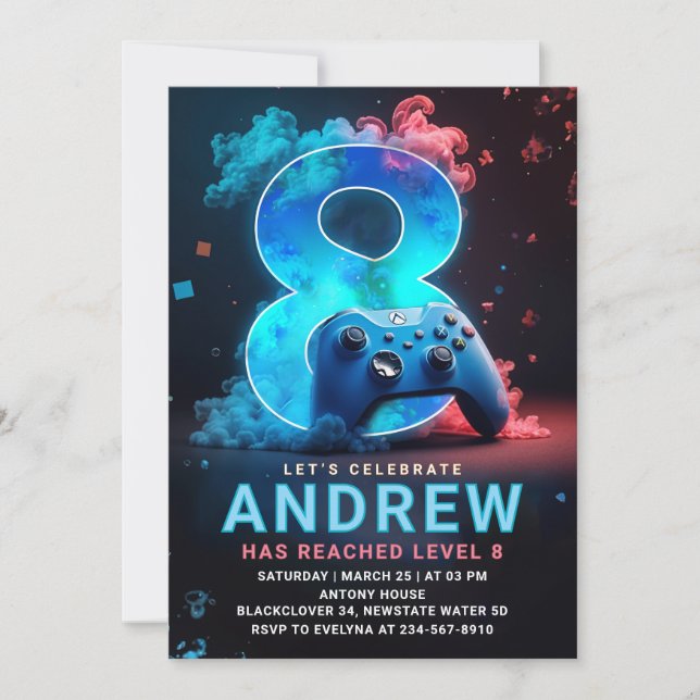 Video Game 8th Birthday Party Invitation (Front)