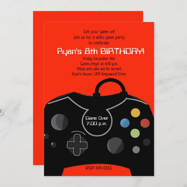 Video Game Birthday Boys Invitation Bright Red (Front/Back)