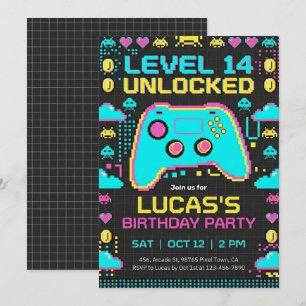 =Video Game Birthday Invitation Pixel Gamer Party