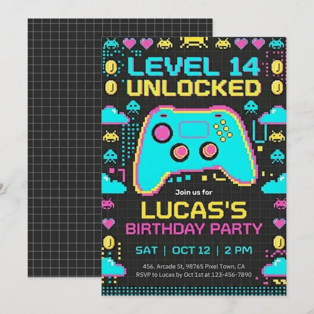 =Video Game Birthday Invitation Pixel Gamer Party (Front/Back)