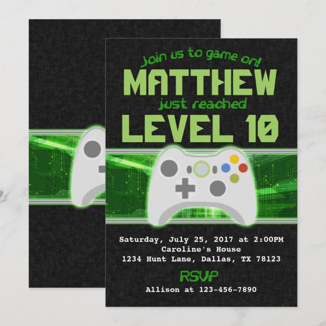 Video Game Birthday Party Invitation Invite (Front/Back)