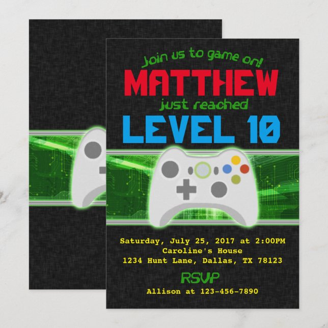 Video Game Birthday Party Invitation Invite (Front/Back)