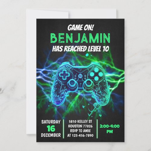 Video Game Birthday Party Level Up Game On Neon Invitation