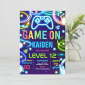 Video Game Birthday Party Neon Game On Level Up In Invitation (Standing Front)