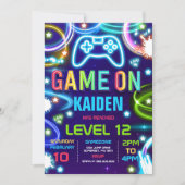 Video Game Birthday Party Neon Game On Level Up In Invitation (Front)