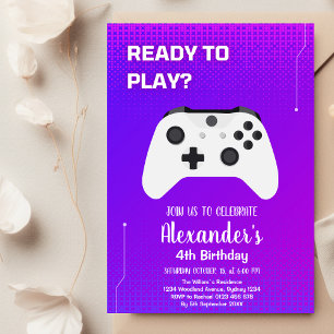 Video Game Birthday Party Neon Game On Level Up Invitation