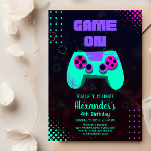 Video Game Birthday Party Neon Game On Level Up Invitation