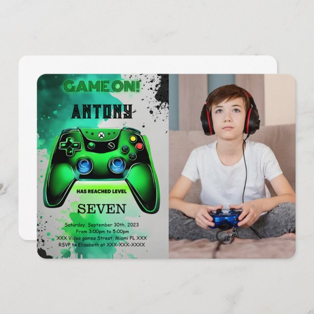 Video Game Birthday Photo Invitation (Front/Back)