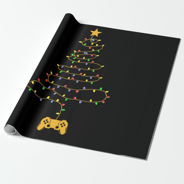 Video Game Christmas Tree Lights Gaming Pajama Wrapping Paper (Unrolled)