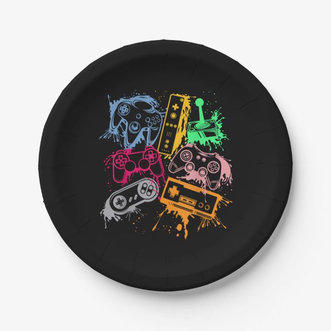 Video Game Console Controllers Retro 80's 90's Arc Paper Plates (Front)