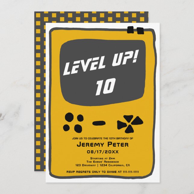 Video game console level up 10 kid birthday invitation (Front/Back)