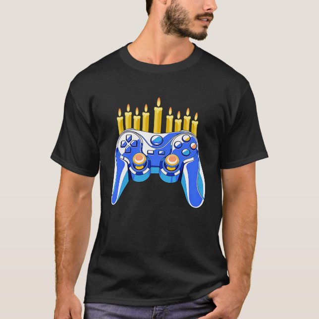 Video Game Controller Chanukah Menorah Candelabra  T-Shirt (Front)