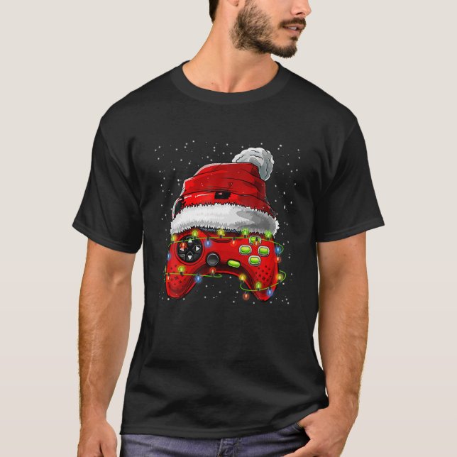 Video Game Controller Christmas Lights Santa Hat F T-Shirt (Front)