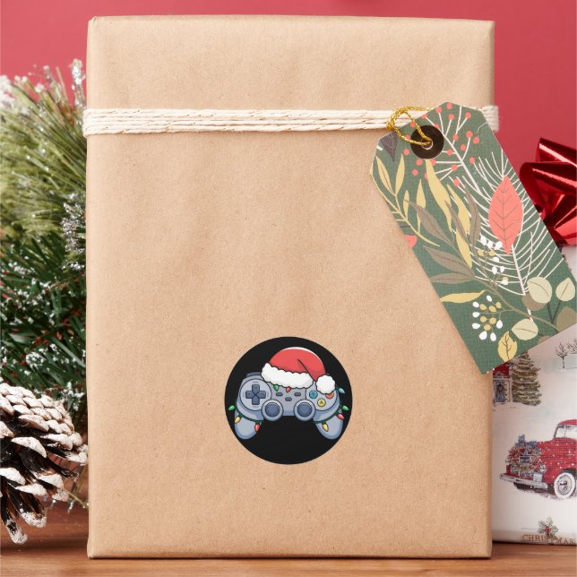 Video Game Controller Christmas Santa Hat Gamer Classic Round Sticker (Holiday)