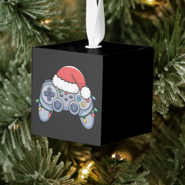 Video Game Controller Christmas Santa Hat Gamer Cube Ornament (Tree)