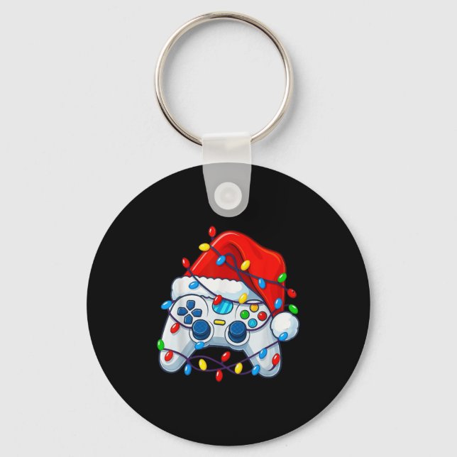 Video Game Controller Christmas Santa Hat Gamer Fu Keychain (Front)