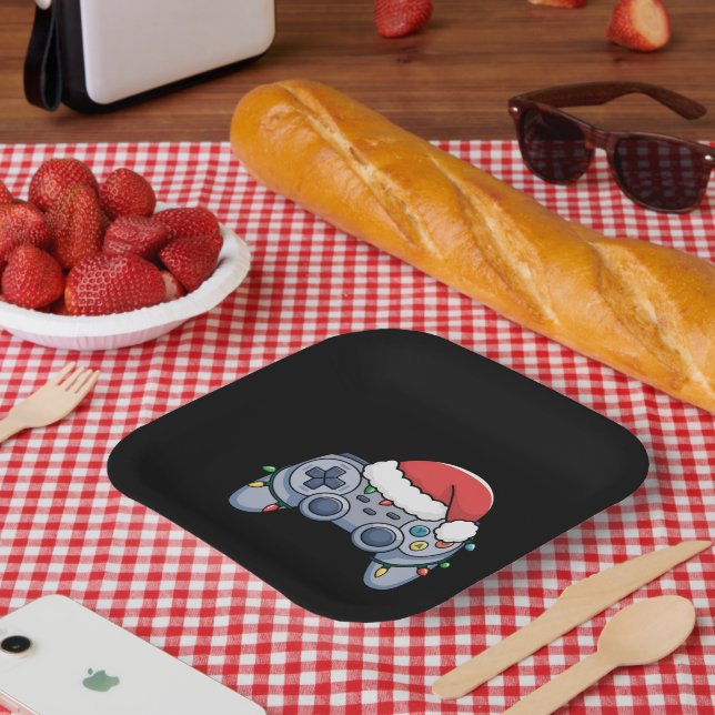 Video Game Controller Christmas Santa Hat Gamer Paper Plates (Picnic)